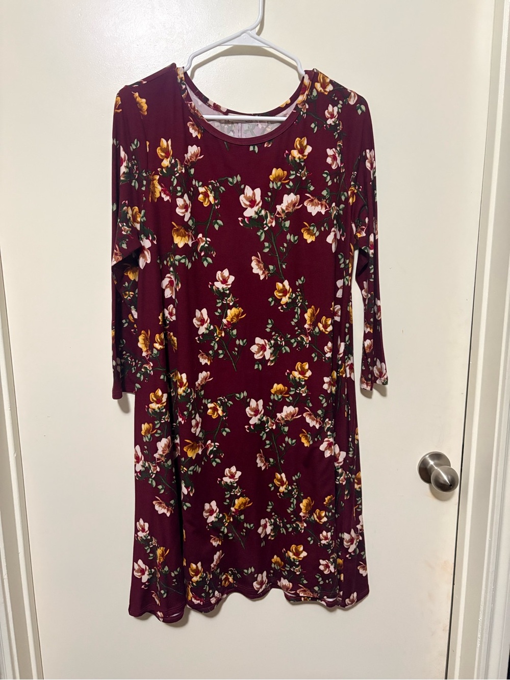 Women's Floral Burgundy Midi Dress - Long Sleeve